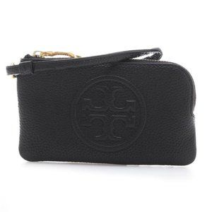 NEW Tory Burch Black Logo Emboss Leather Zip Card Holder Wallet